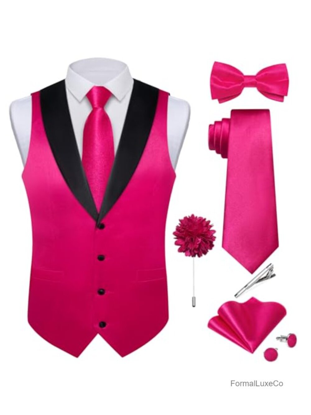 Mens Satin Vest Tie Set Waistcoat Bowtie Pocket Square Cufflinks Formal Suit